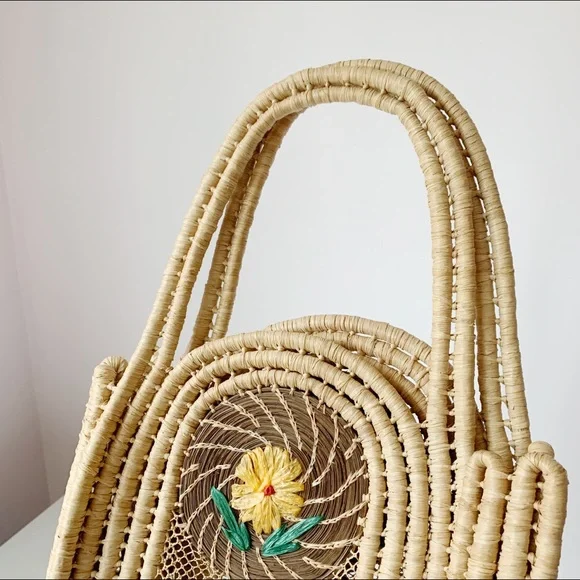 Handcrafted Floral Embroidered Rattan Tote - Picture 2 of 8